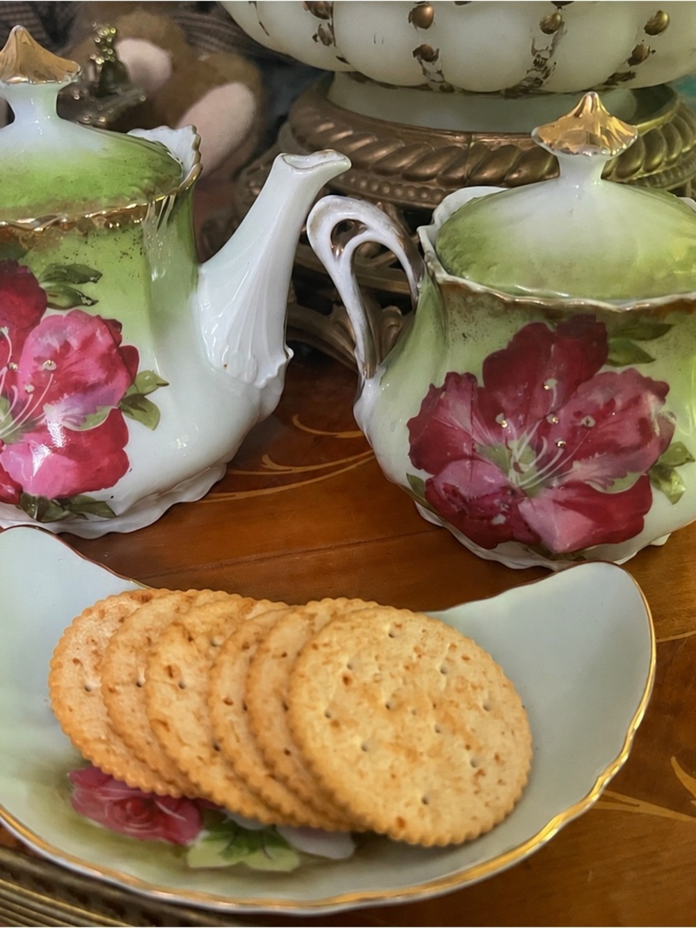 Porcelain Floral Sugar & Creamer Set in Green and Pink 3 pieces